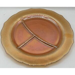 Vintage 1930s Federal Normandie Marigold Carnival Glass Divided Grill 11" Plate